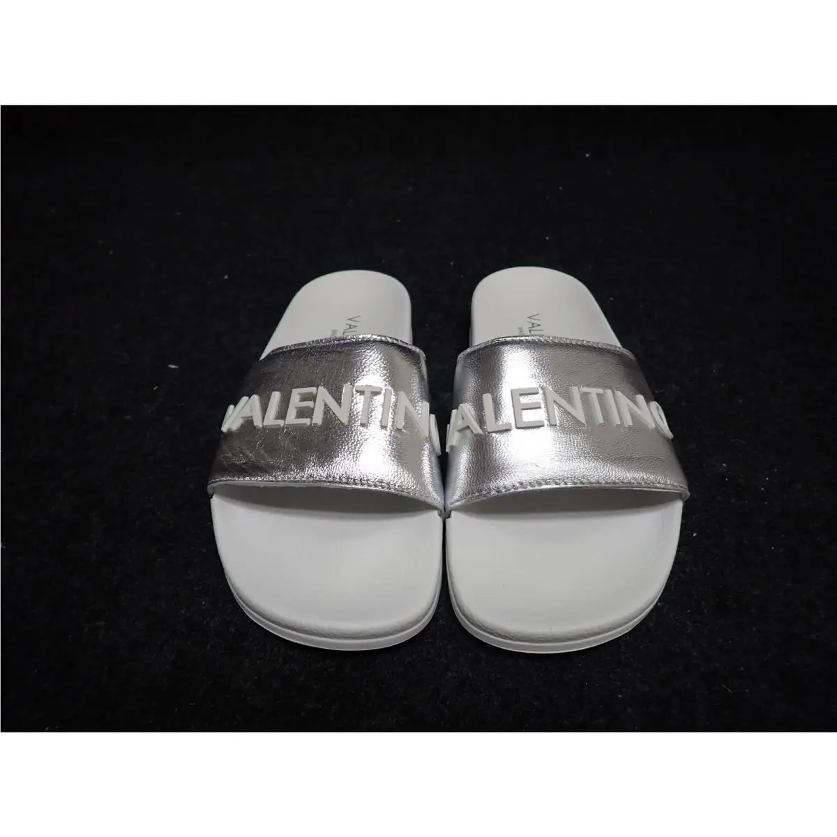 Women`s Valentino Iside Italian Leather Slide Sandals US7 Silver BR7