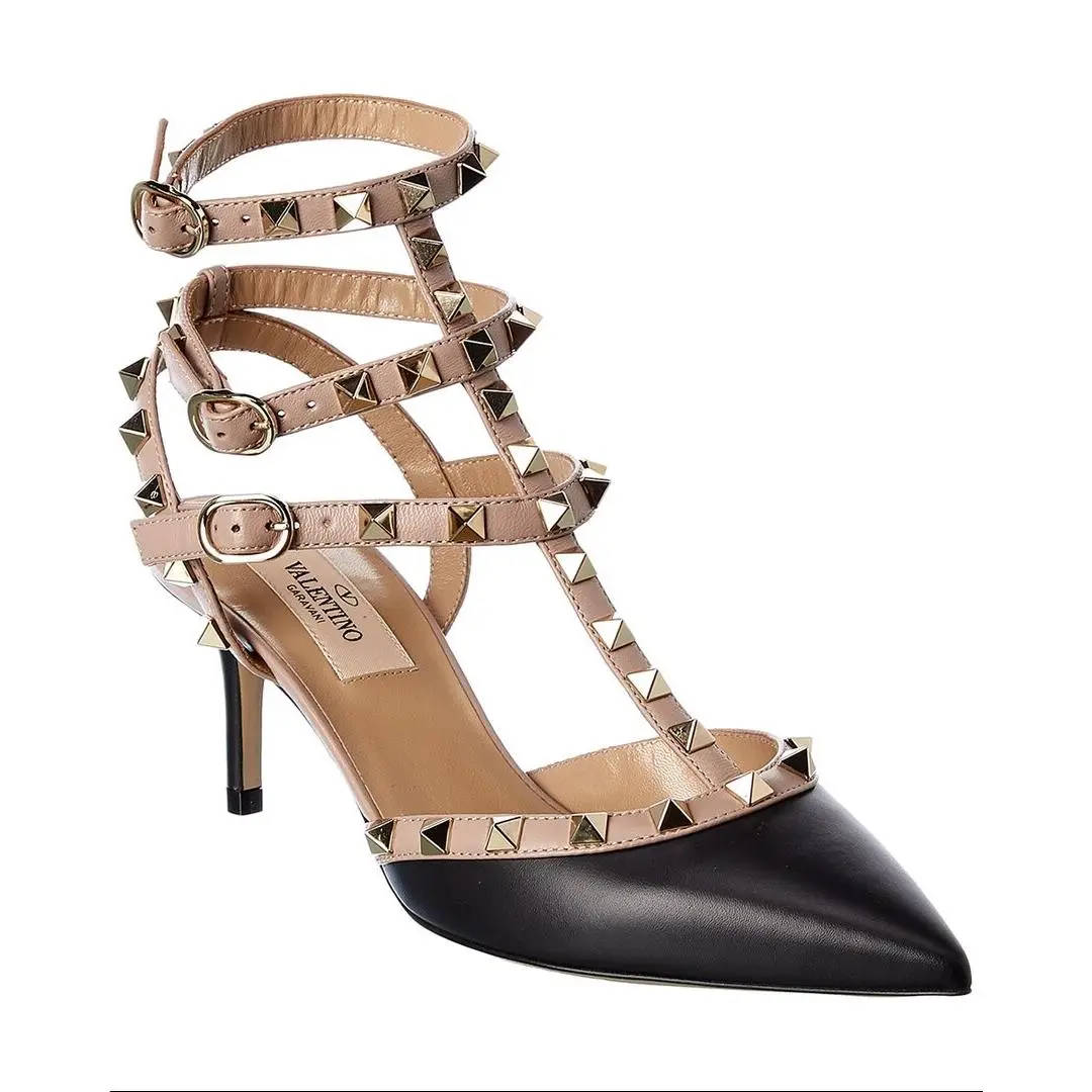 Valentino Rockstud Caged 65 Leather Ankle Strap Pump Women`s Black 37