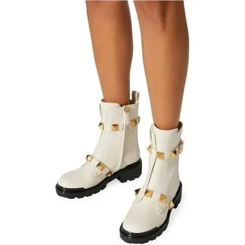Valentino Garavani Women`s Roman Stud Calfskin Combat Boots Light Ivory S.371/2