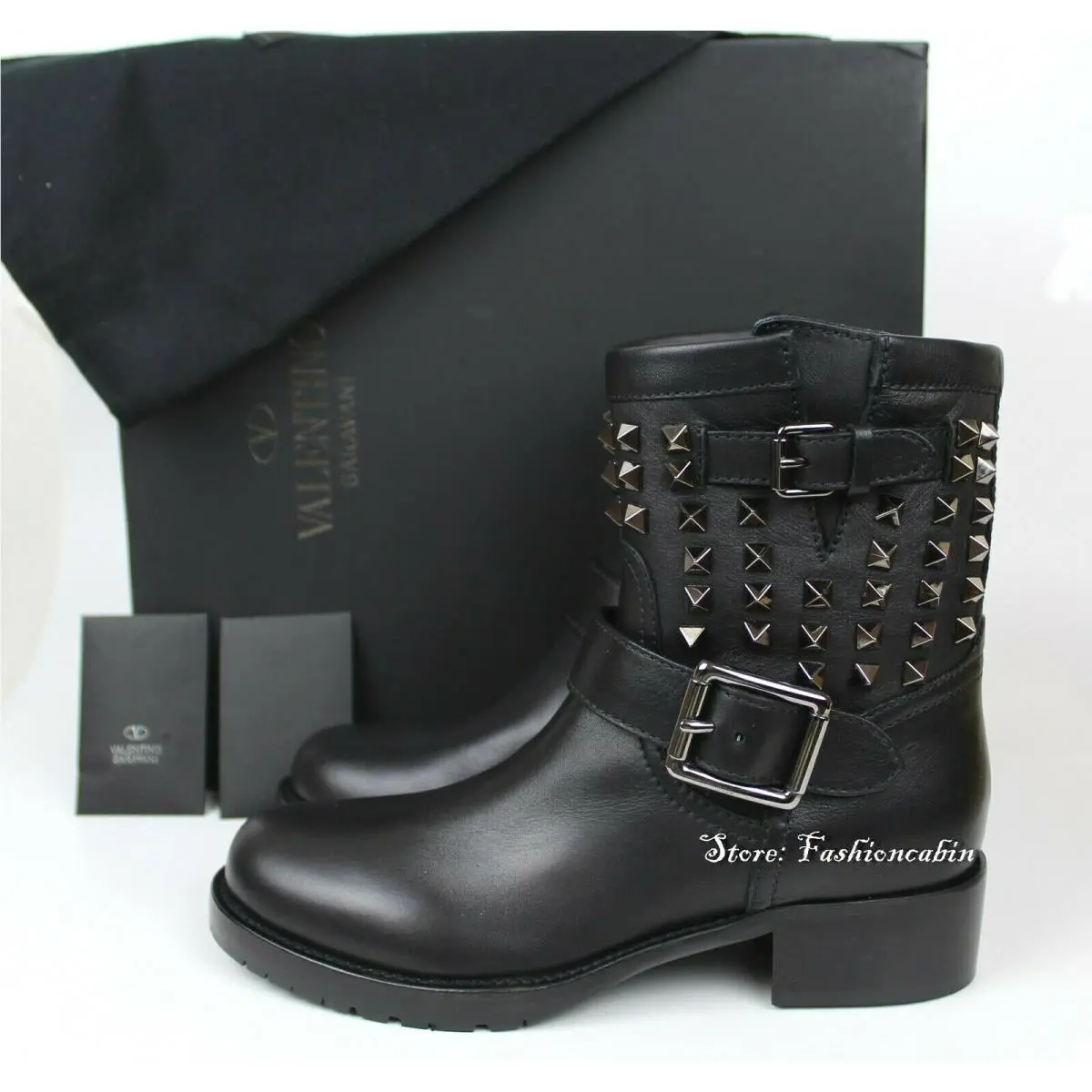 Valentino Rockstud Black Leather Biker Booties Edgy Moto Boots Eur 35.5