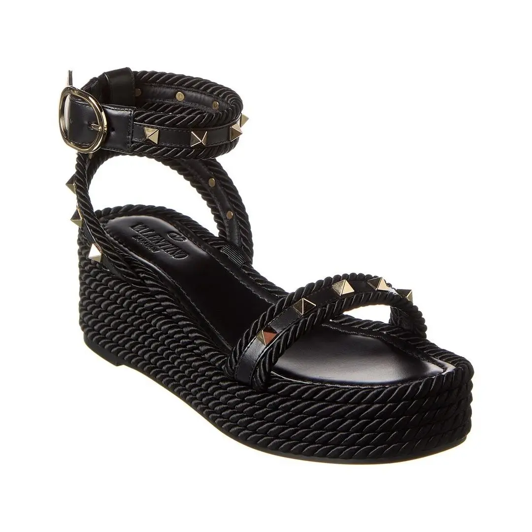 Valentino Rockstud 45 Rope Leather Wedge Sandal Women`s Black 37