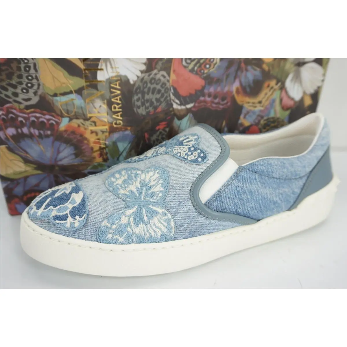 Valentino Denim Butterfly Skater Sneaker SZ 38.5 Slip On Flat