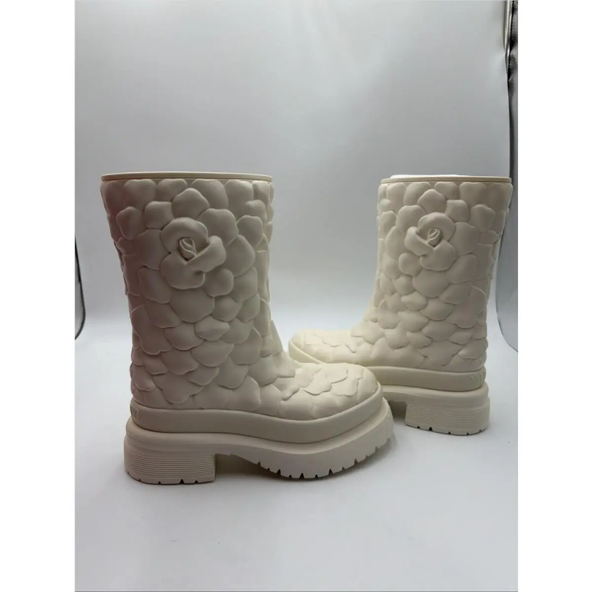 Valentino Garavani Women`s Ivory Rubber Rose Atelier Mid Calf Boots EU37/US7