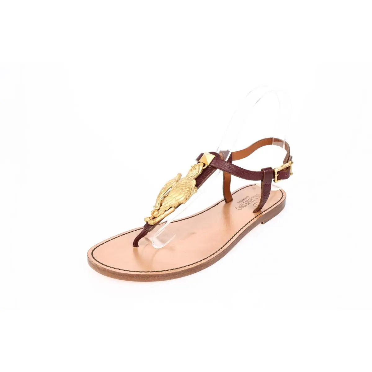 Valentino 289480 Womens Garavani Eagle Gold Maroon Leather Thong Sandals Size 37 - Gold Maroon