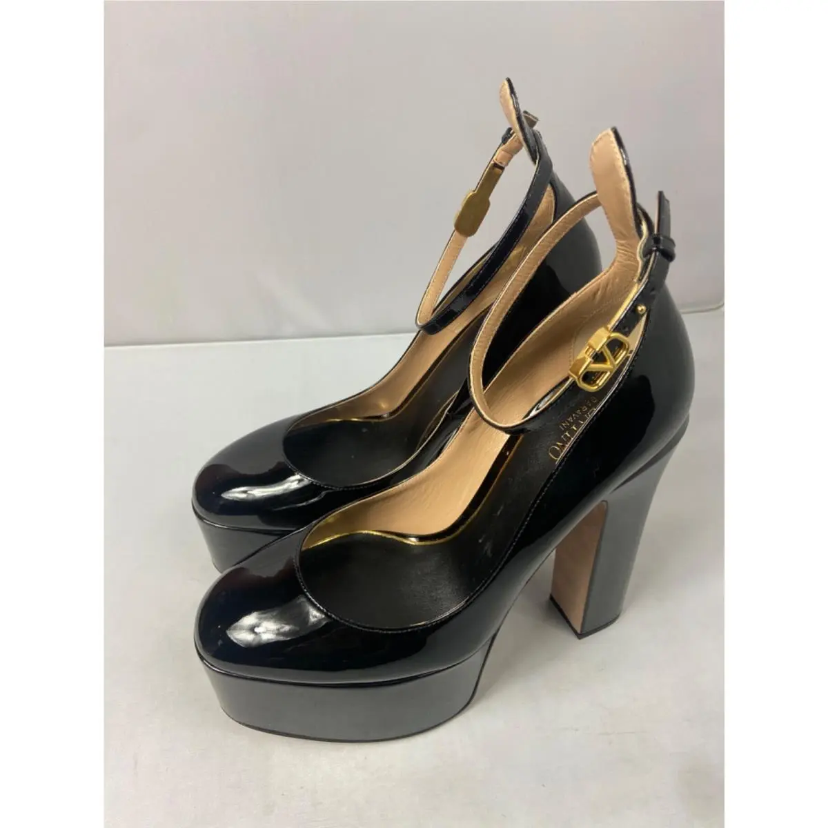 Valentino Garavani Black Patent Leather Platform Block Heels 6.5” US 9