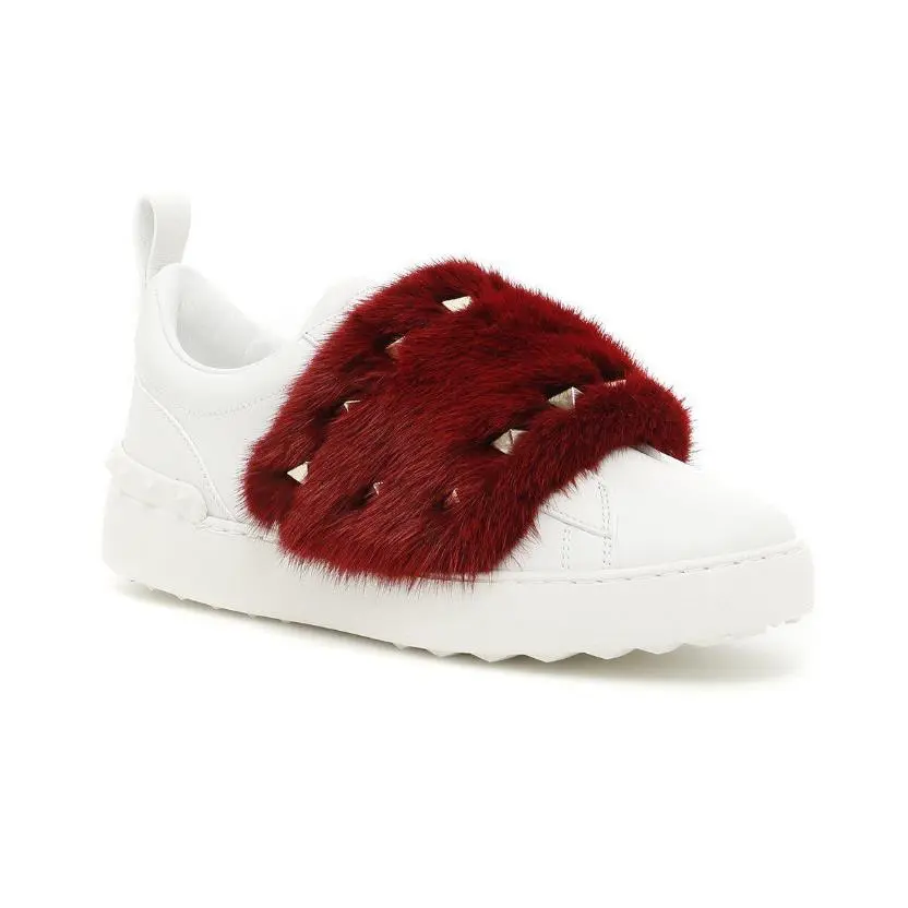 Valentino Garavani Red Mink Fur Rockstud Sneakers D3419 Women Size 39.5 / 9.5
