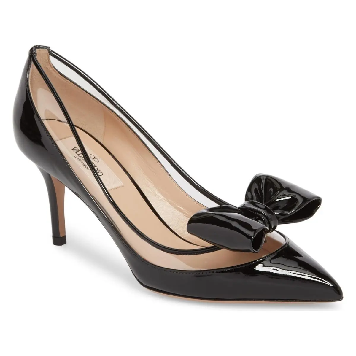 Valentino Glassglow Bow Pointed Pump Heel Shoe 75mm Black Patent Eur 39