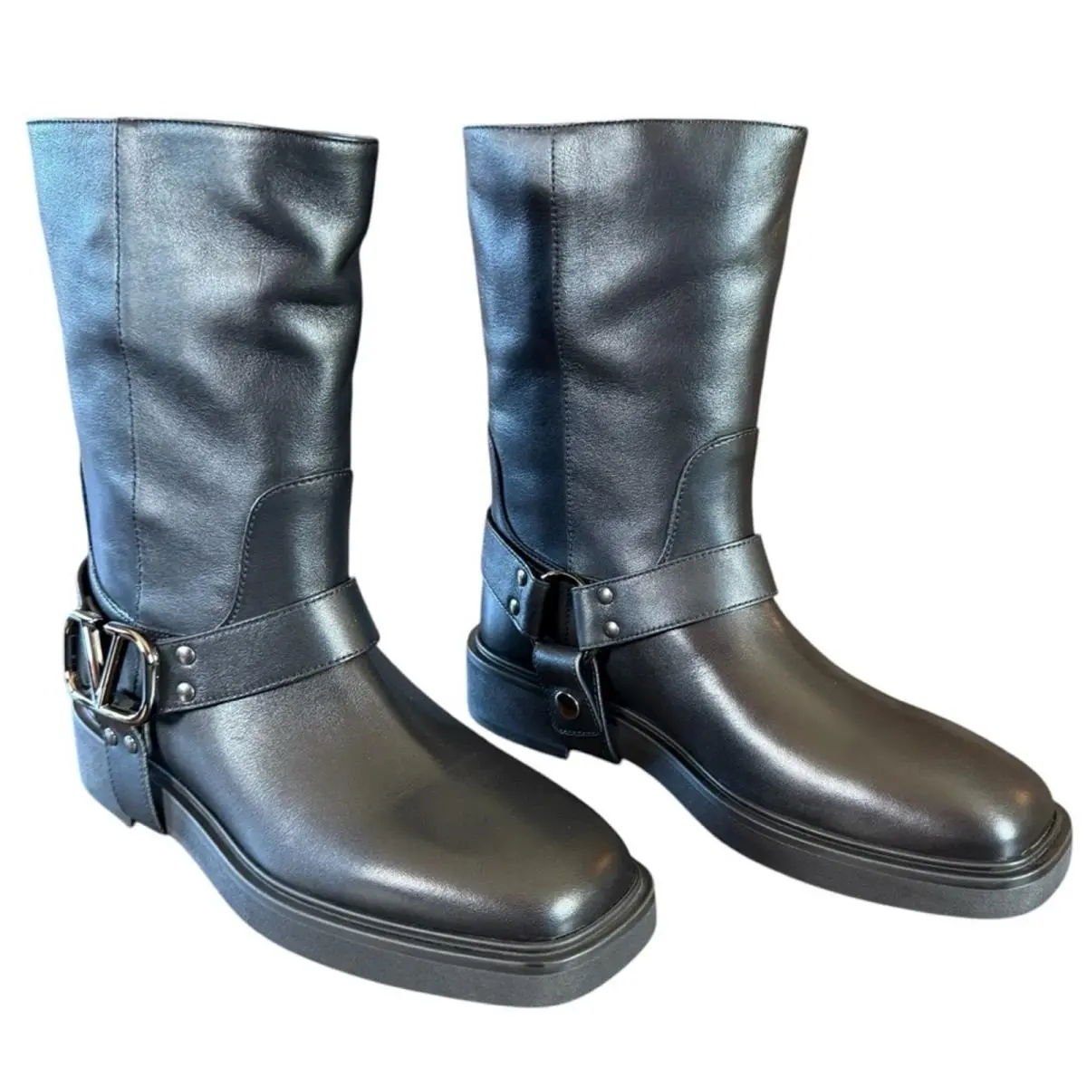 Valentino Garavani V Logo Signature Black Leather Biker Boot EU 39 US 9