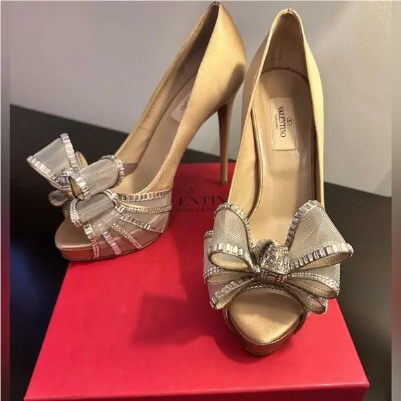 Valentino Satin Crystal Versailles Bow Peep Toe Pumps - Size 39 European / 9 US