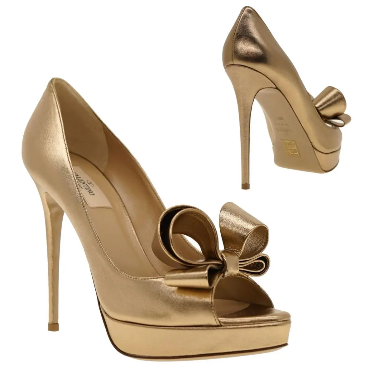 Valentino Garavani Pumps Couture Bow Gold Leather Size 39.5 - Gold