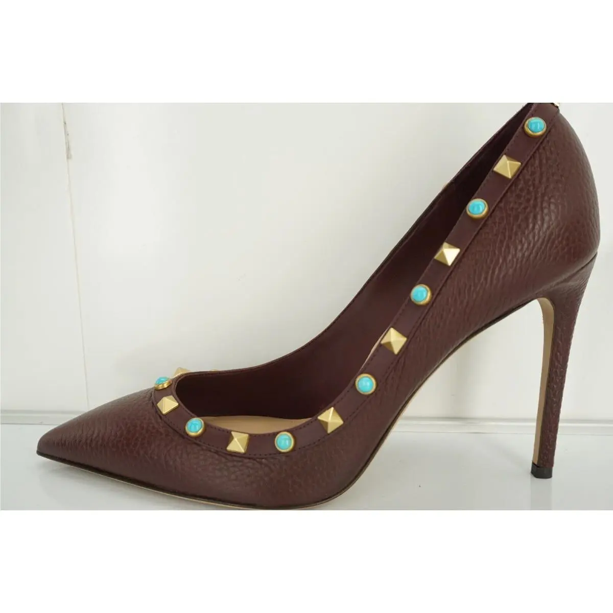 Valentino Brown Leather Rockstud Rolling Pointy Pumps Size 40 10 Heels