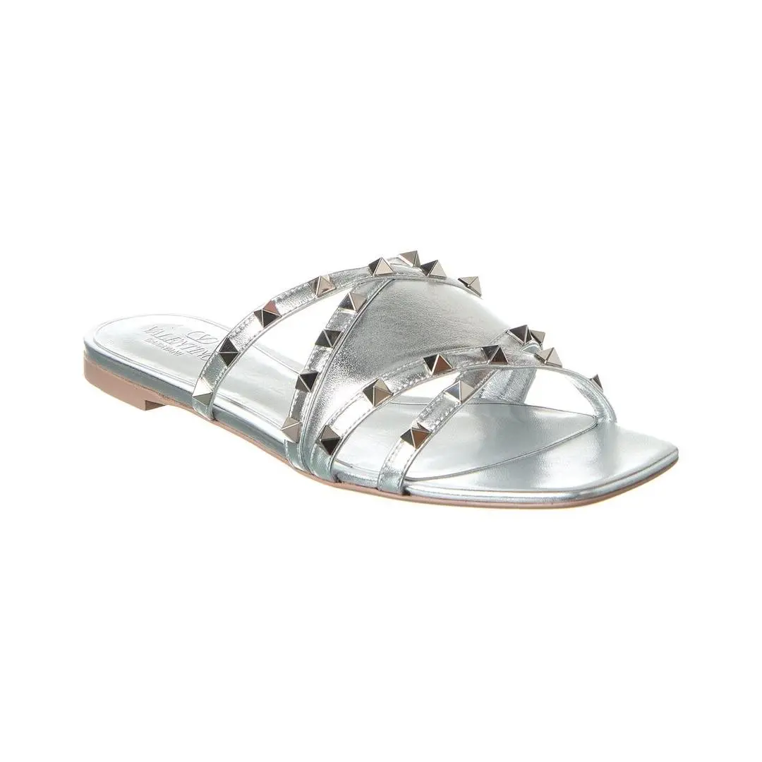 Valentino Rockstud Leather Sandal Women`s Silver 36
