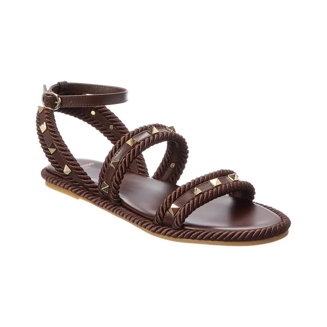 Valentino Rockstud Rope Leather Sandal Women`s Brown 36