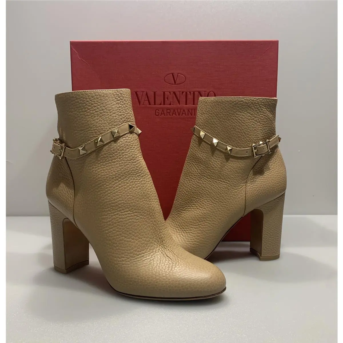 Valentino Rockstud 90 Beige/cammello Ankle Block Heel Boot Bootie 39