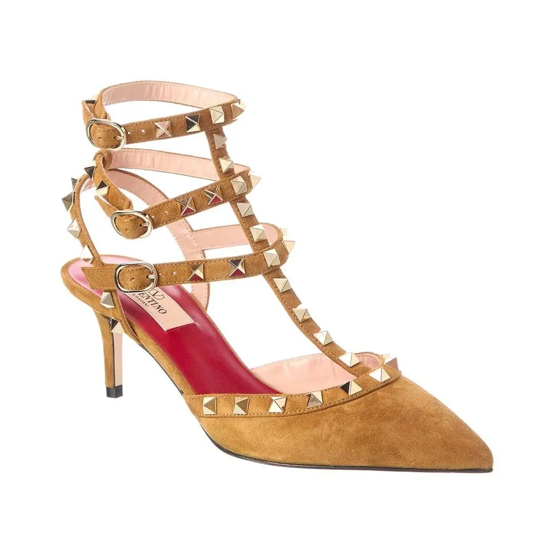 Valentino Rockstud 65 Caged Ankle Strap Suede Pump Women`s Brown 38