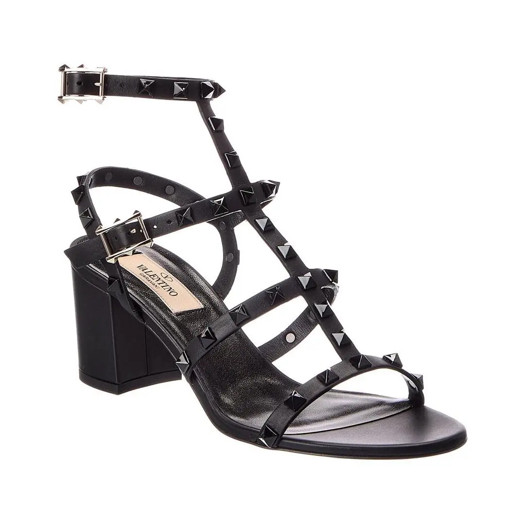 Valentino Rockstud Caged 65 Leather Ankle Strap Sandal Women`s Black 36.5