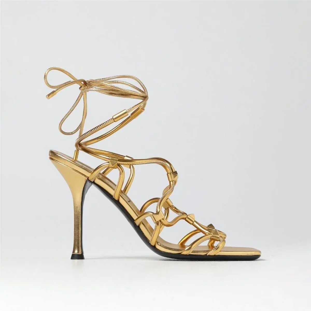 Valentino Garavani Rockstud Net Lace Up Sandal Heels Gold Size EU 37 US 7