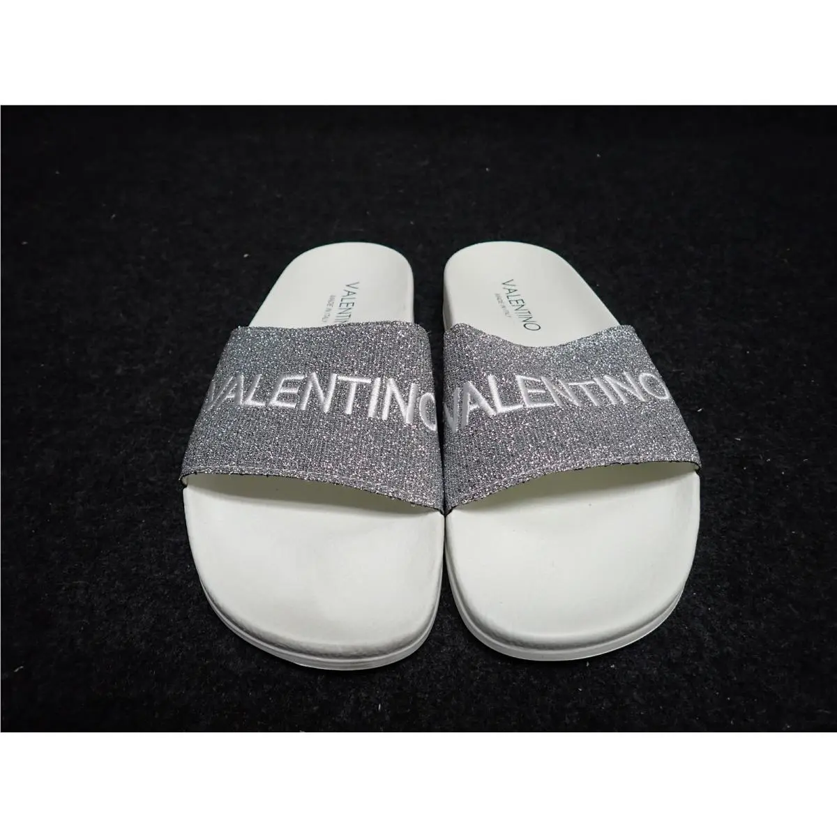 Women`s Valentino Solaia Italian Leather Slide Sandals US8 Silver SS34