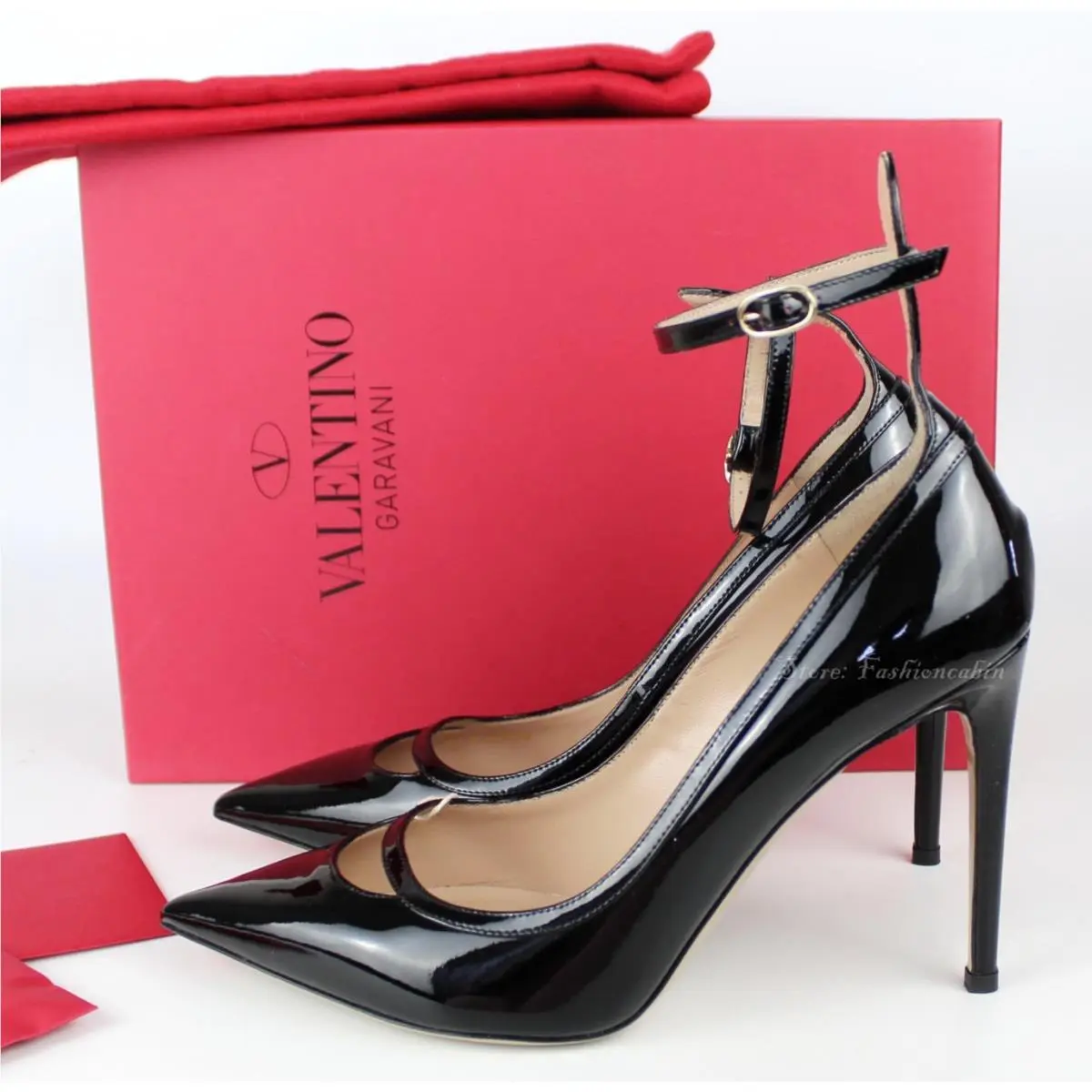 Valentino Garavani Black Patent Leather Pointed Toe Ankle Strap Pump EU 37.5