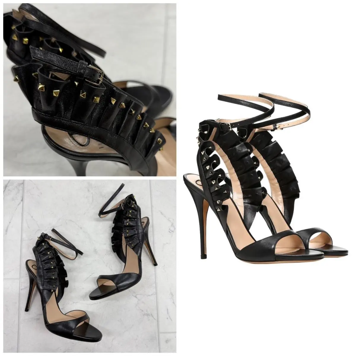 850 Valentino Garavani Women`s Black Leather Ruffle High Heel Size: 8.5