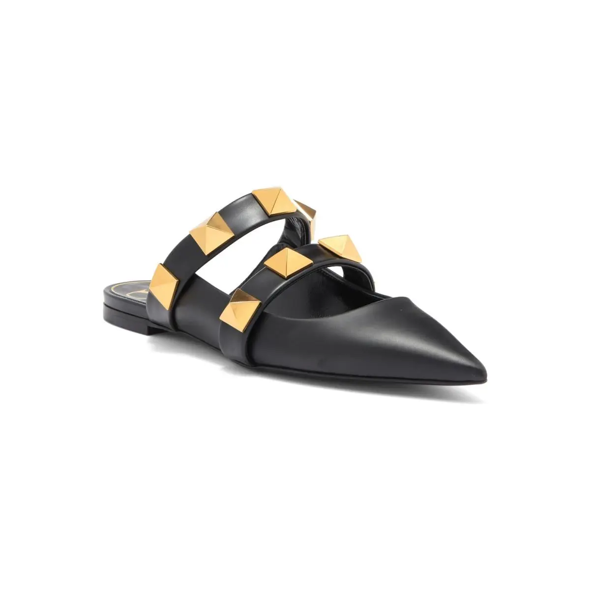 Valentino Garavani Black Roman Stud Flat Leather Mules Gold 36
