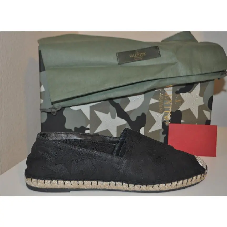 Valentino Black Star Canvas Print Espadrille Flat Slip on Shoe Eur 38