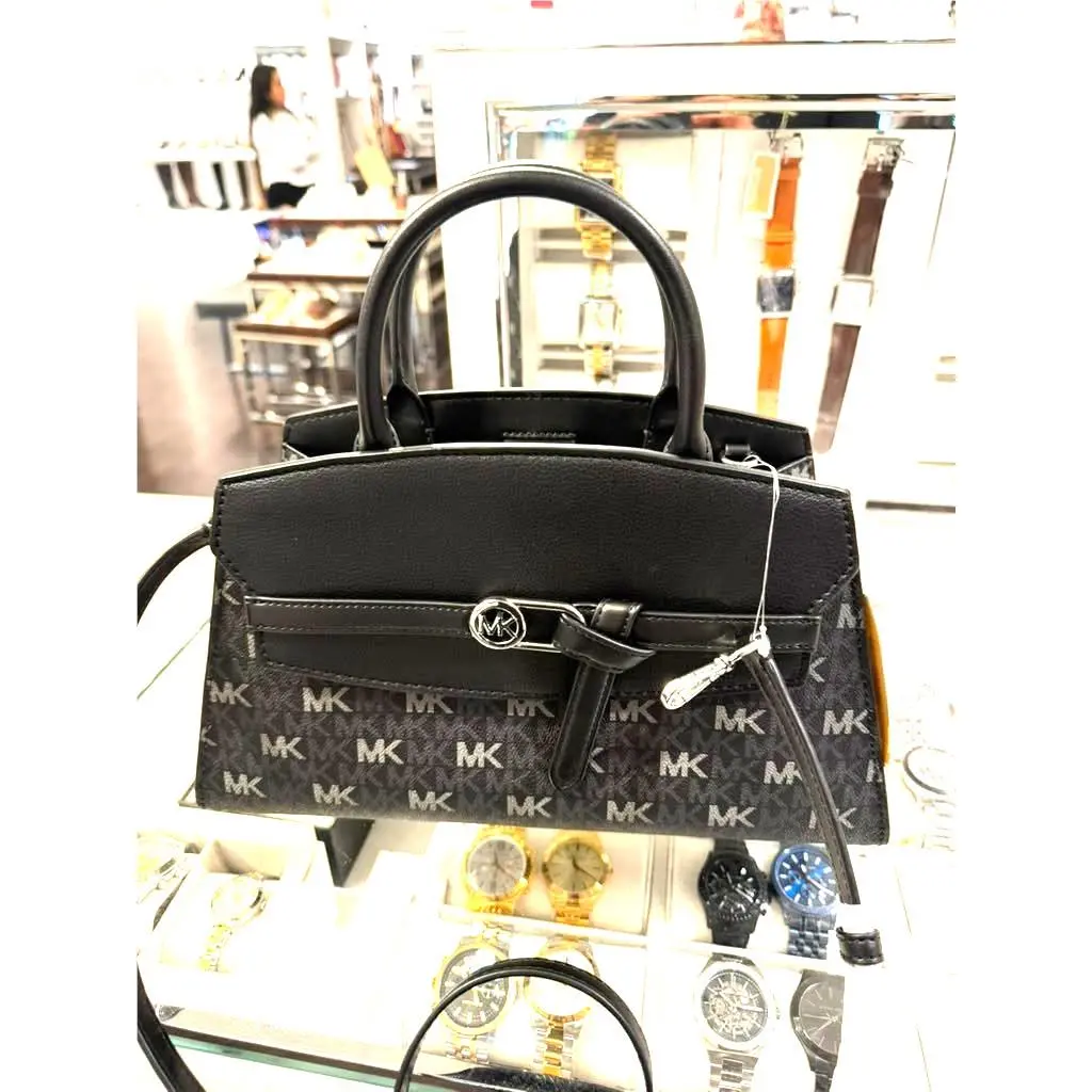 Greta Womens Medium Signature Logo MK Satchel Crossbody Bag Black by Michael Kors