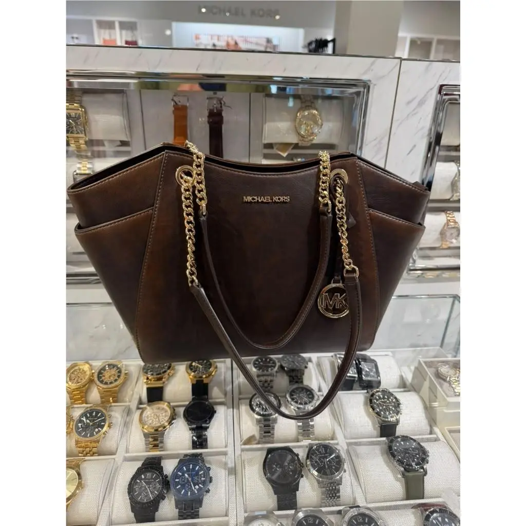 Jet Set Travel Large MK Burnished Chain Shoulder Tote Bag Chocolate by Michael Kors