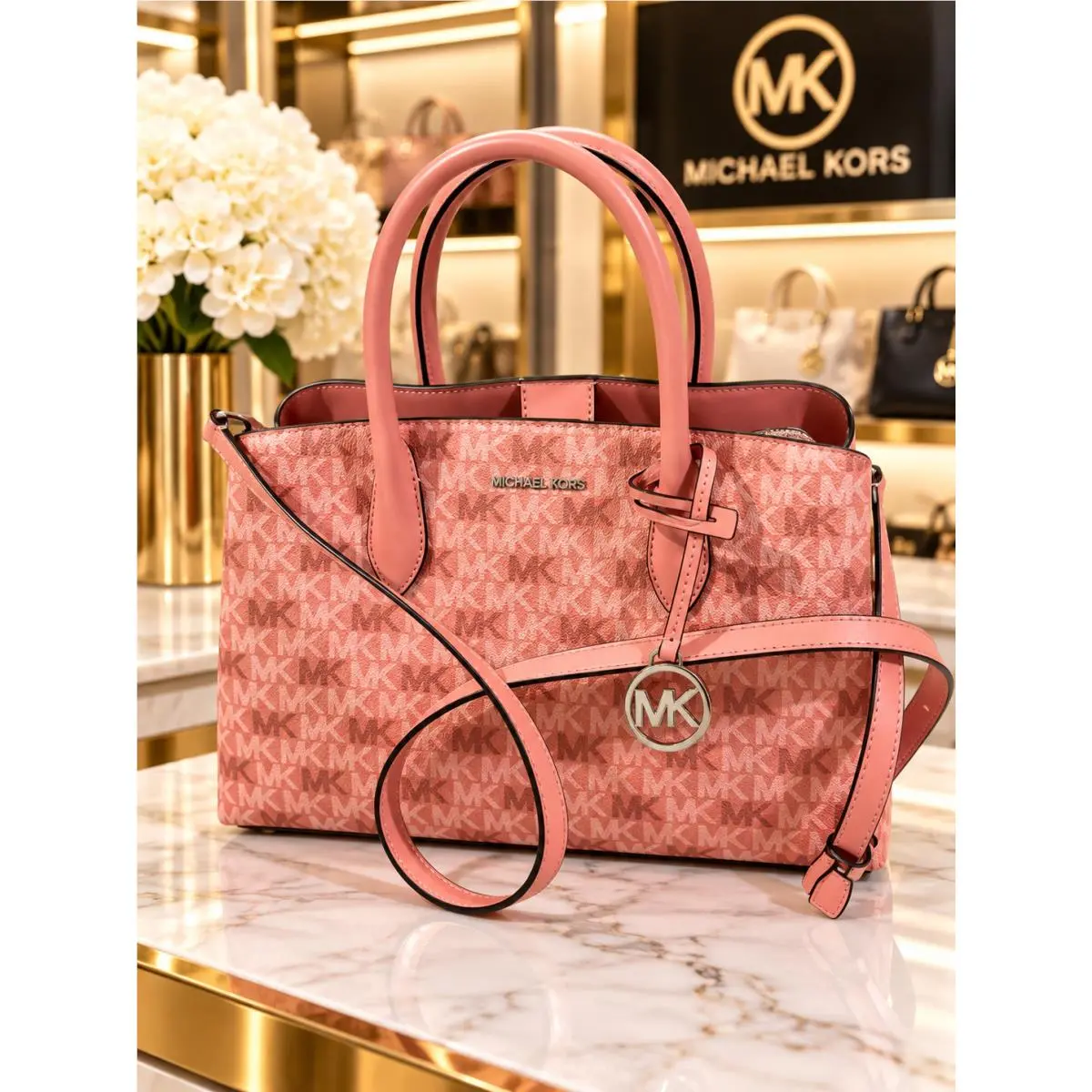 Maya Medium Metallic Logo Satchel Crossbody Bag Sunset Rose Women by Michael Kors