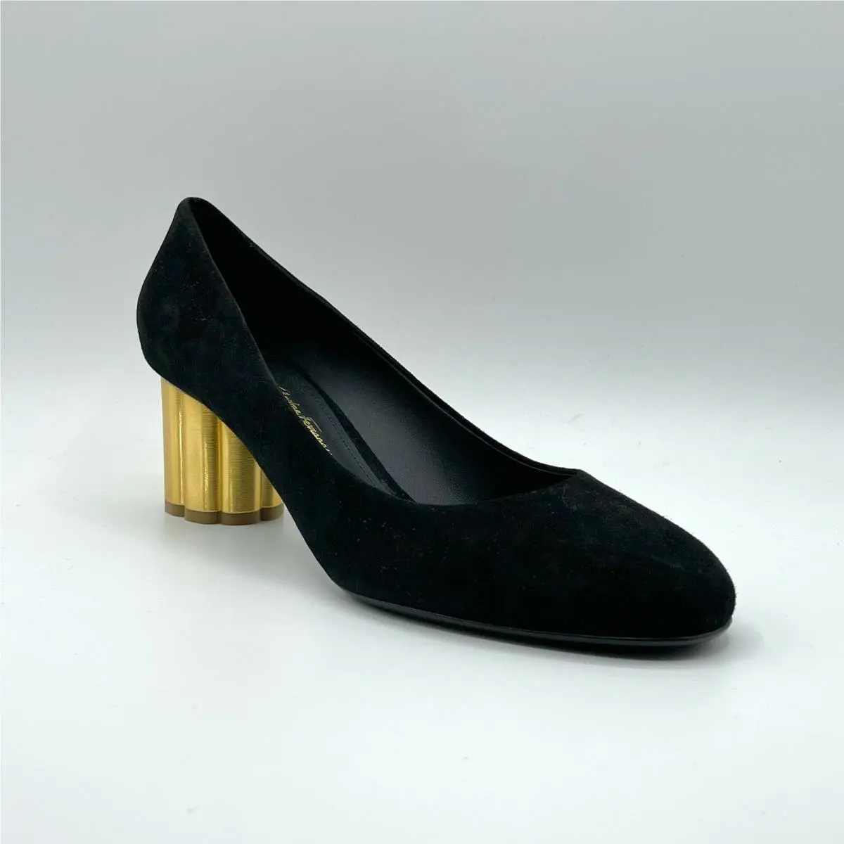 Salvatore Ferragamo Lucca 55 Women`s Black Suede Pump with Gold Heel 671016