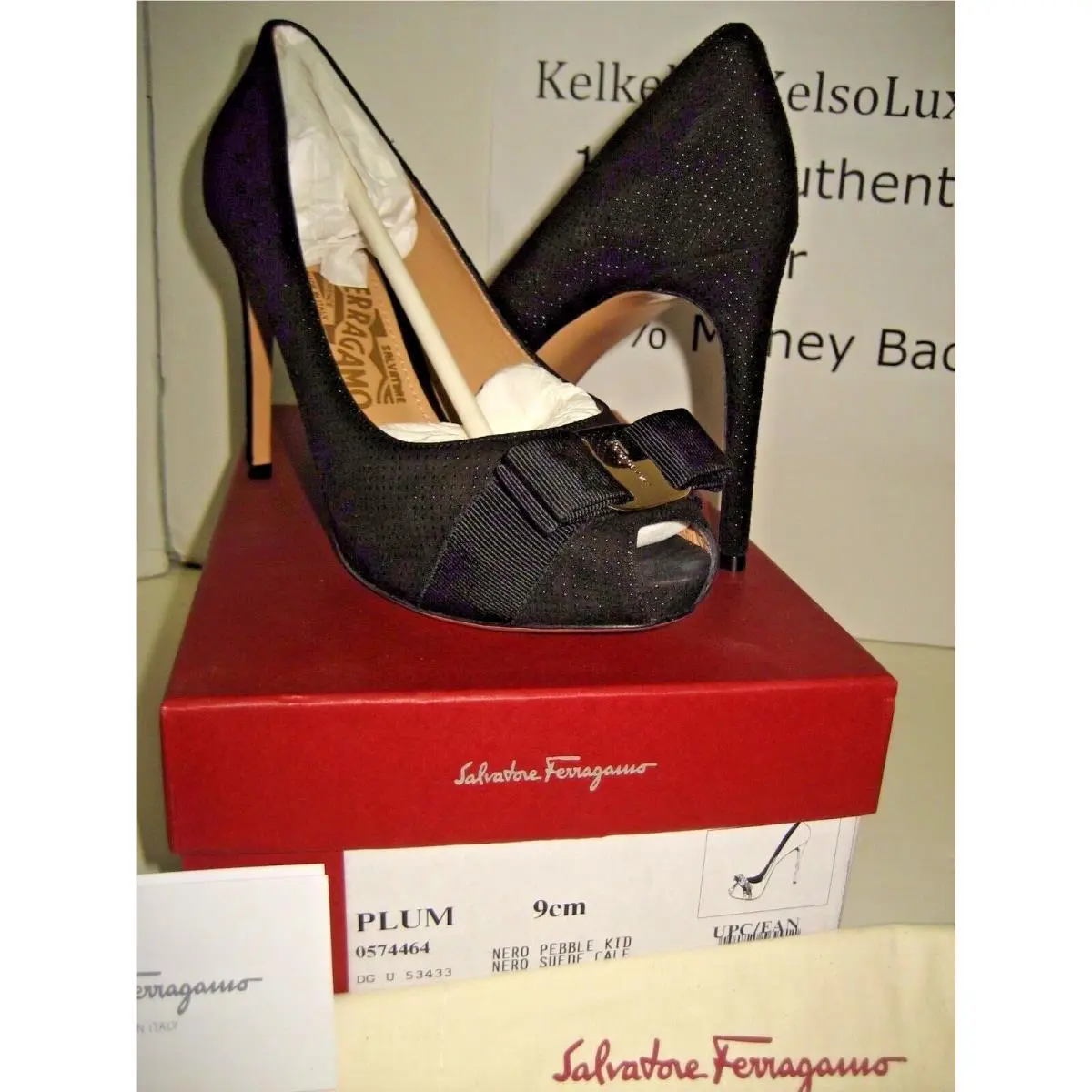 Salvatore Ferragamo Plum Black Suede Leather Peep Toe High Heels Shoes