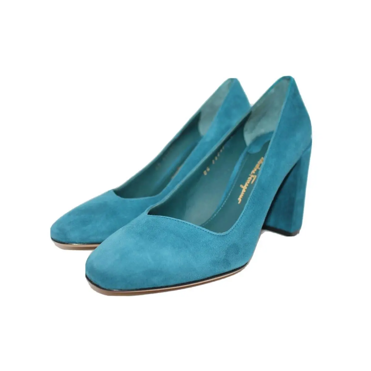 Salvatore Ferragamo `arezzo 85` Cypress Blue Suede Pump Heels 6 or 7 Shoes