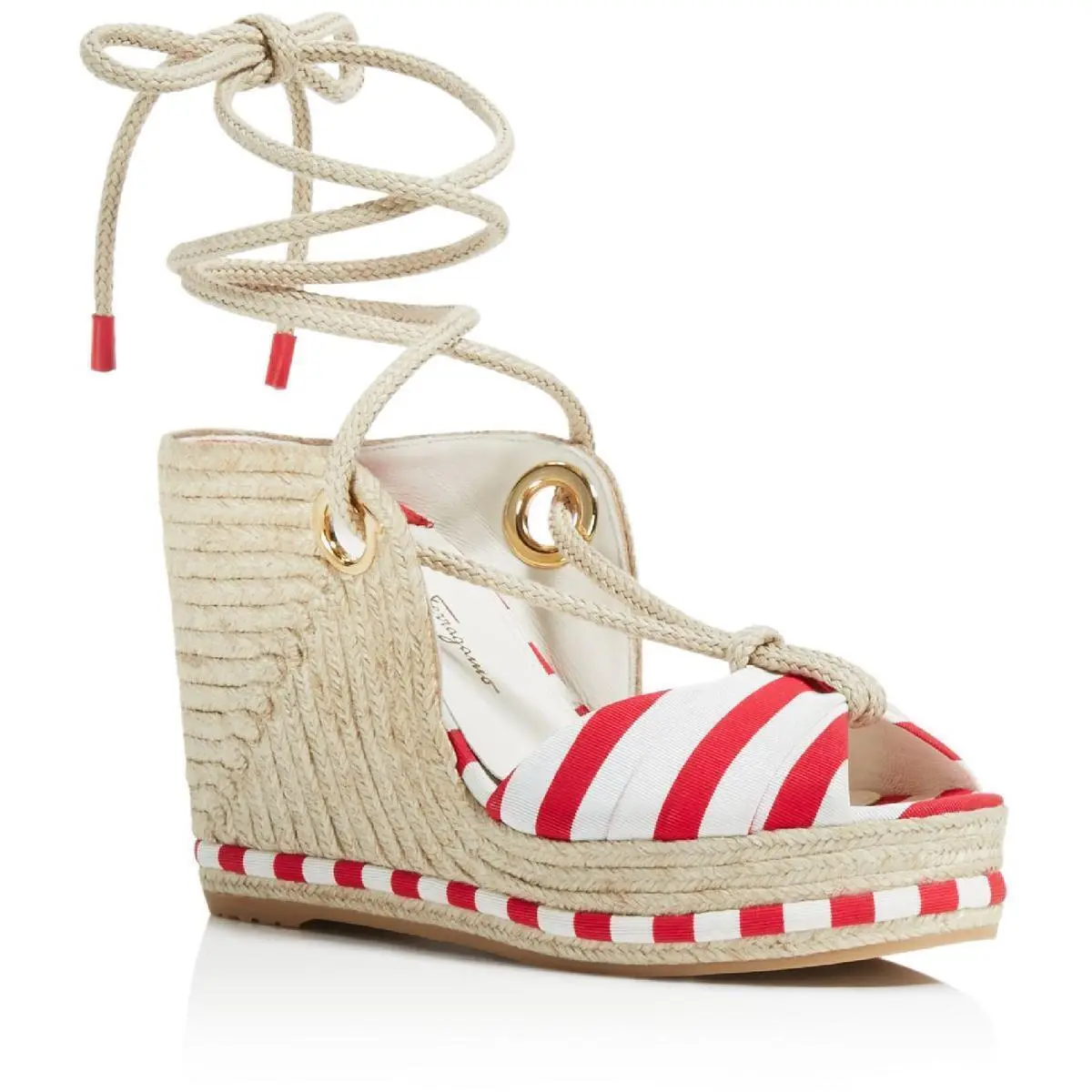 Salvatore Ferragamo Evita Woven Striped White/red Inset Espadrilles Shoes