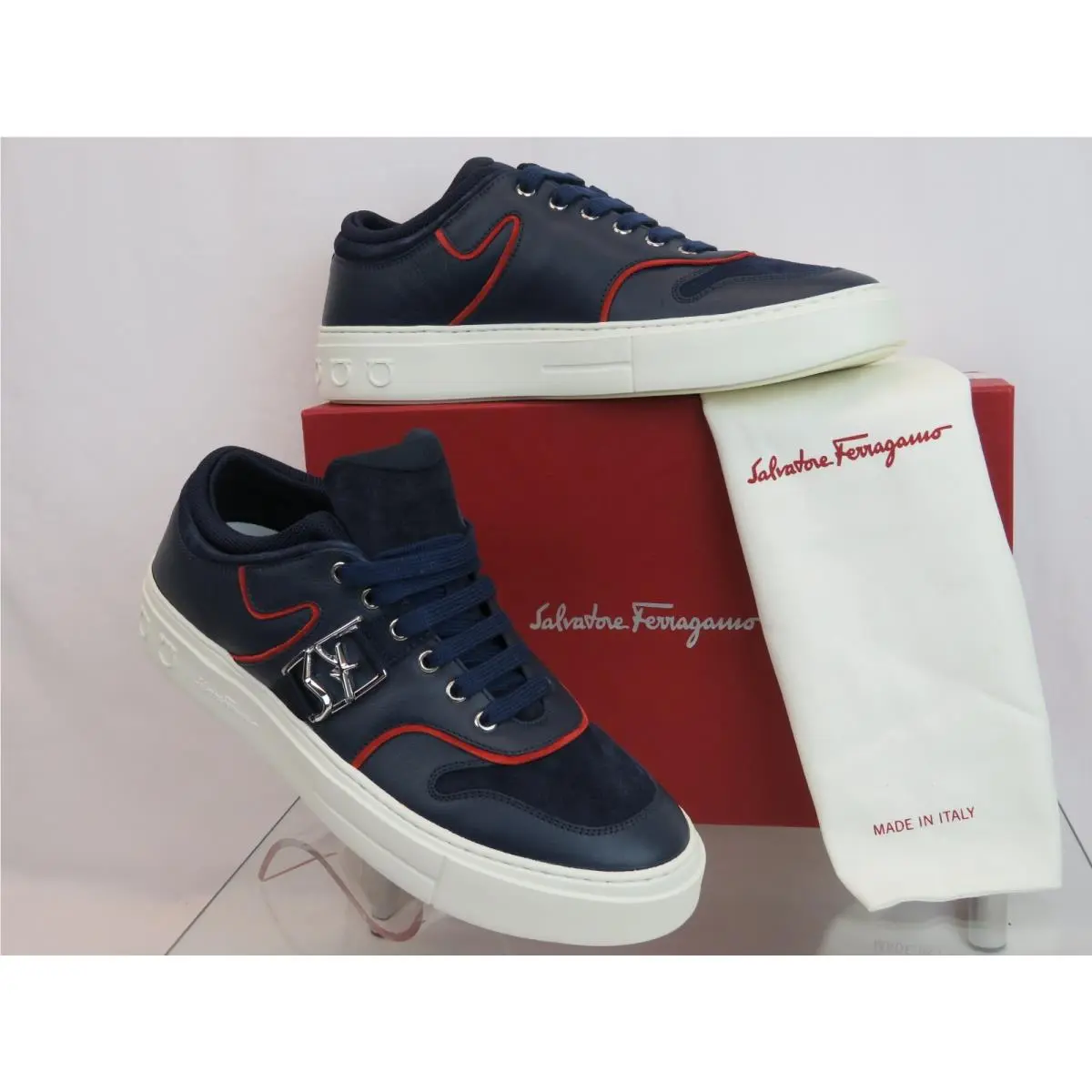 Ferragamo Noris Blue Leather Red Suede SF Logo Gancini Sneakers 11.5 M Ital