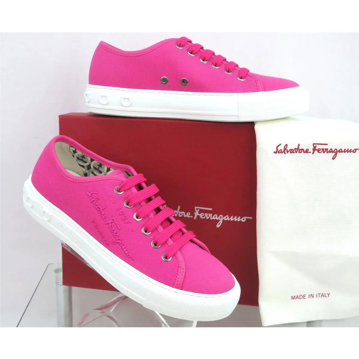 Ferragamo Mediterr Women Hot Pink Canvas Leather Trim Logo Sneakers 11.5 C by Salvatore Ferragamo