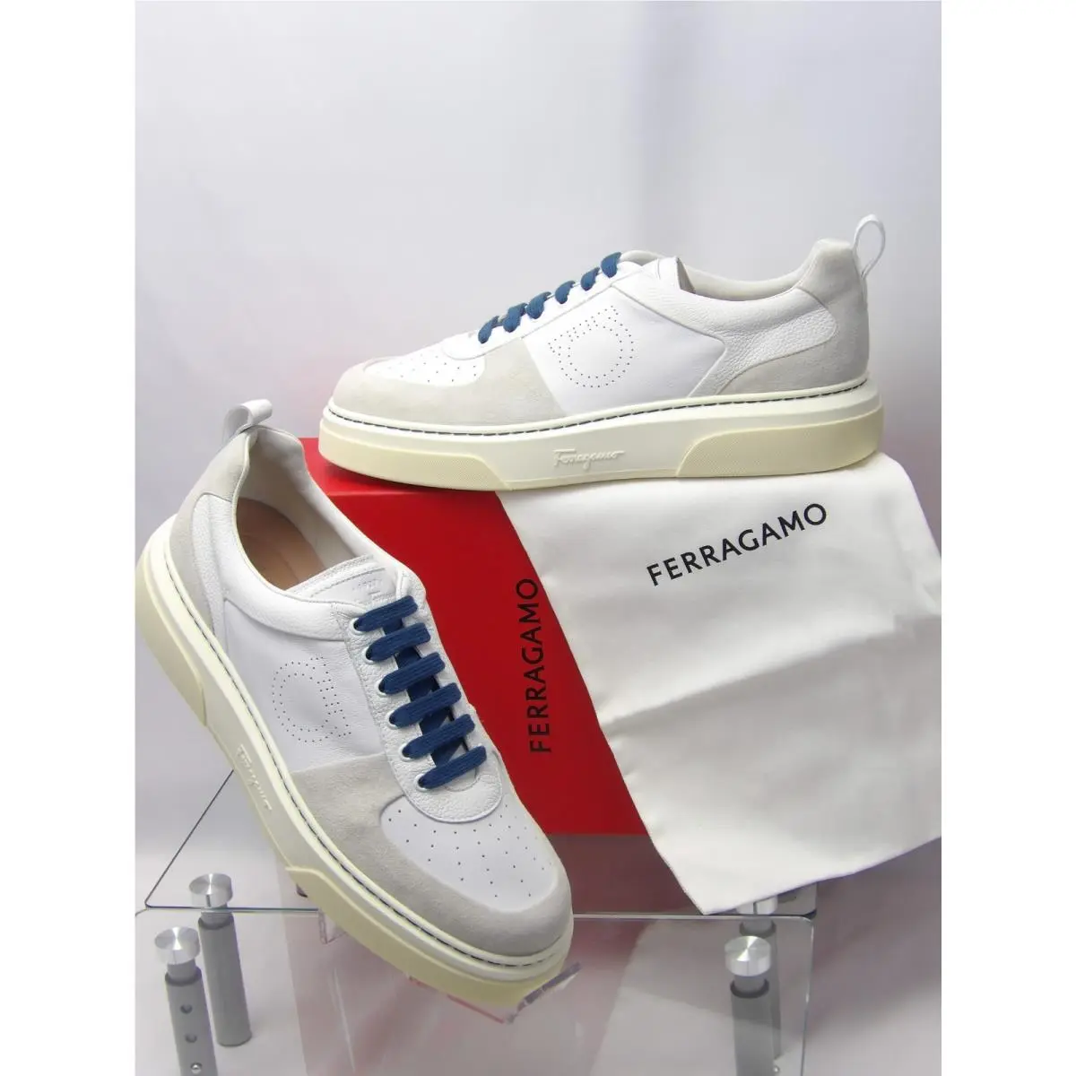 Ferragamo Cassina White Leather Gancini Bit Logo Sneakers 11.5 M Italy
