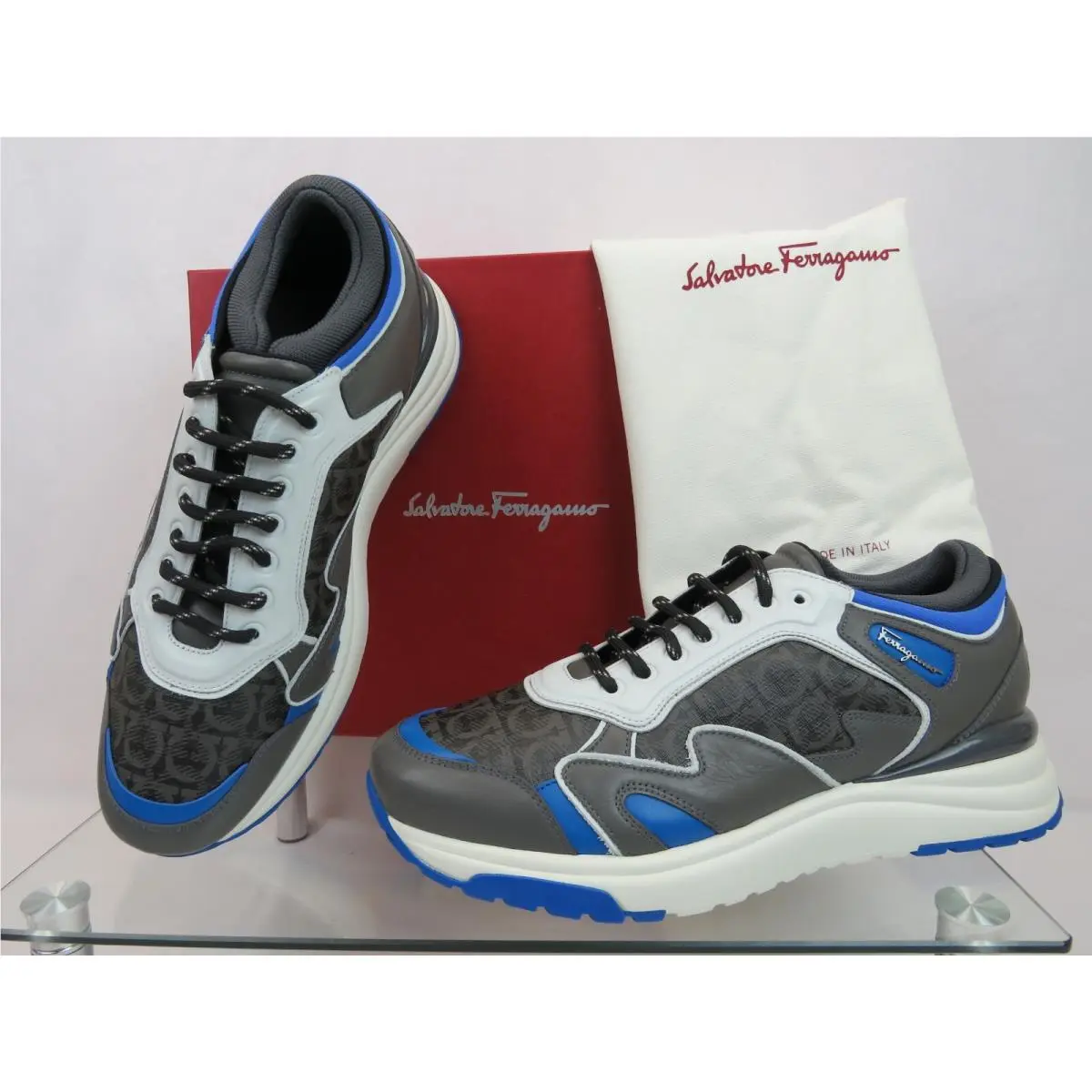 Ferragamo Now Gray Blue White Leather Gancini Sneakers 11 M Italy