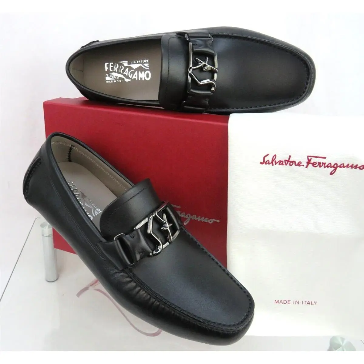 Ferragamo Peter Black Leather SF Logo Buckle Moccasin Driving Loafers 8.5 EE