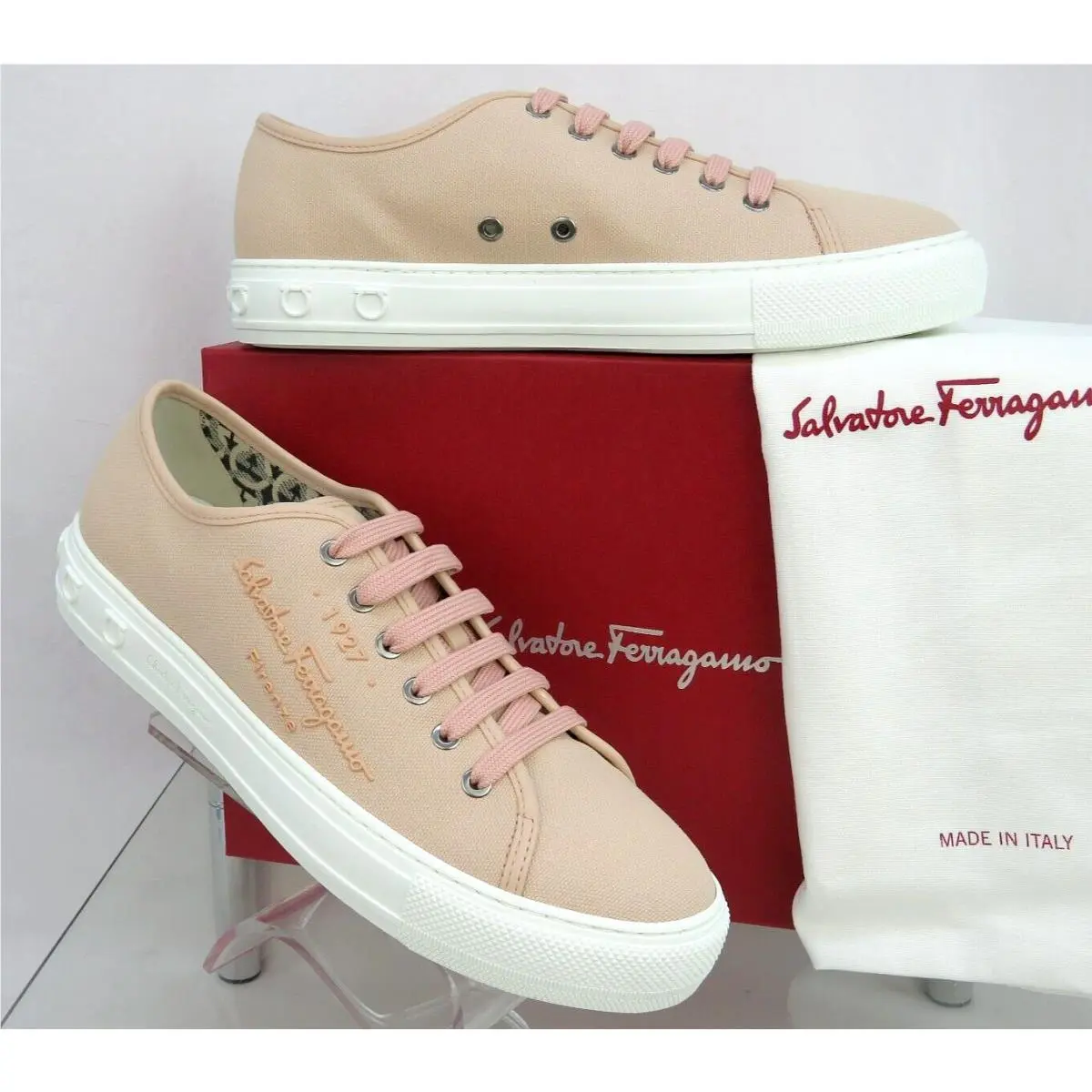 Ferragamo Mediterr Pink Lemonade Canvas Leather Trim Logo Sneakers 8.5 C by Salvatore Ferragamo