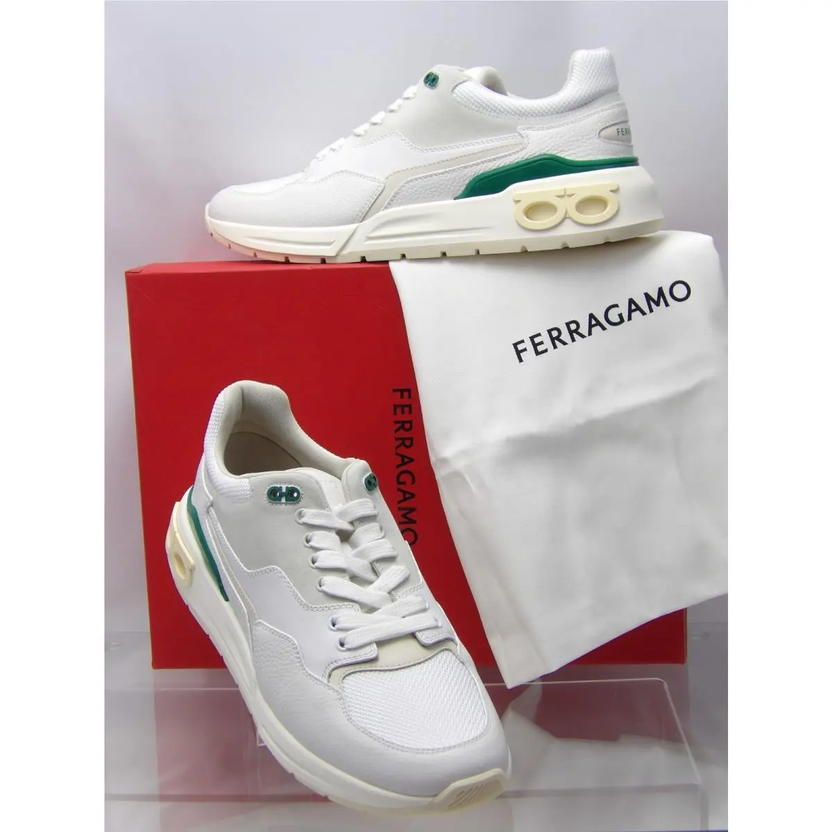 Ferragamo Cosma Low White Leather Gancini Mesh Lace Sneakers 11.5 M Italy