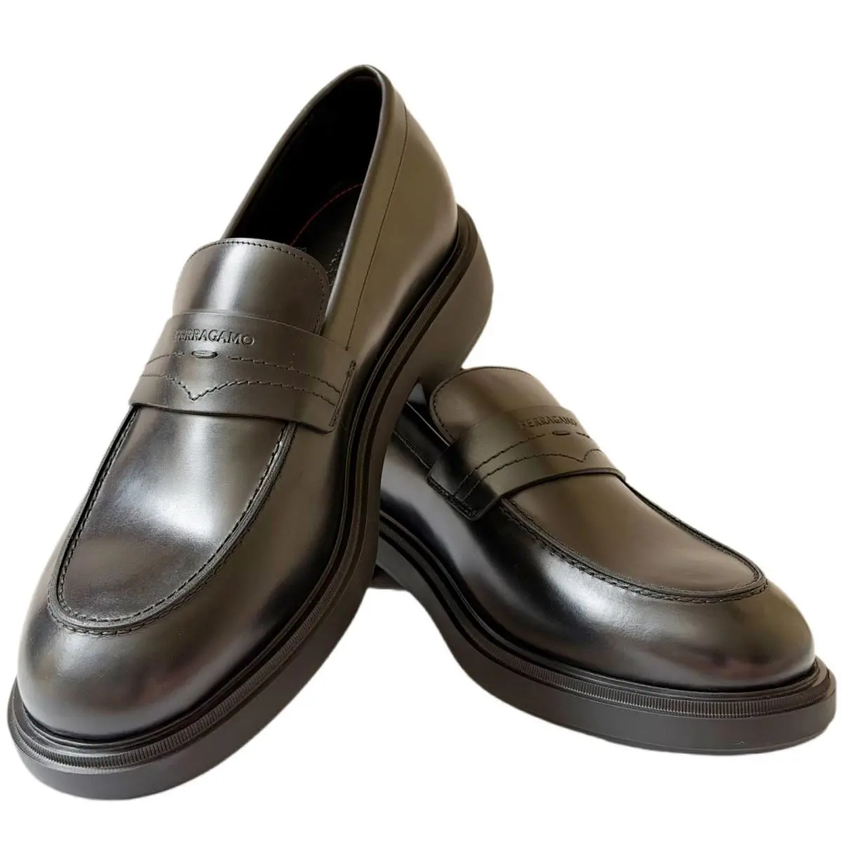 Ferragamo Caligola 10 EE Penny Black Leather Dress Loafers Men`s Casual Slip-on - Black
