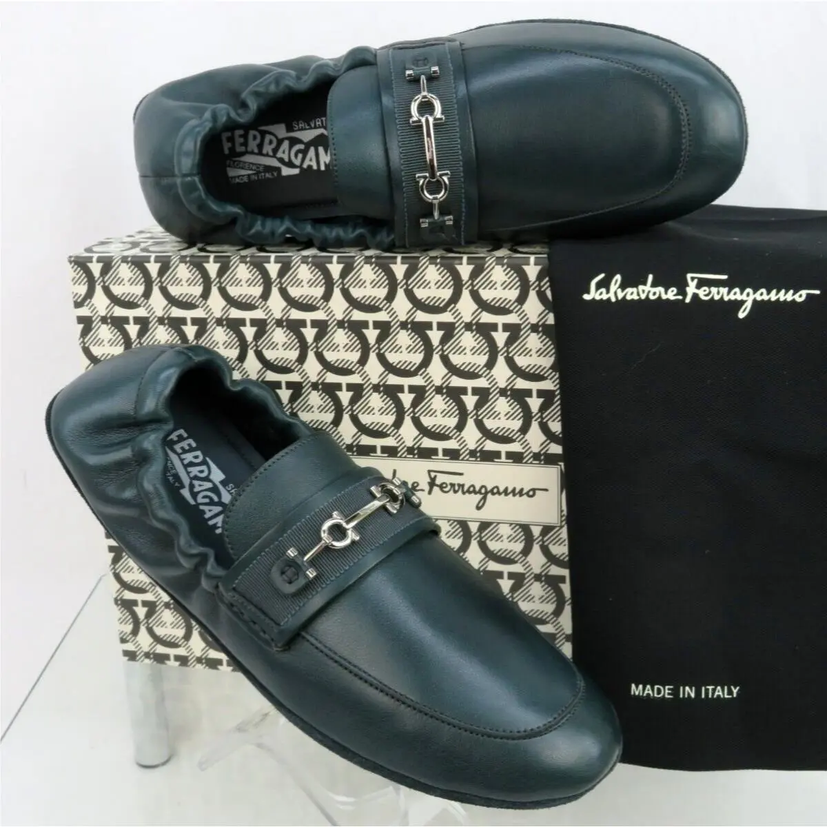 Ferragamo Asture Green Leather Gancini Bit Moccasin Driving Loafers 10.5 M