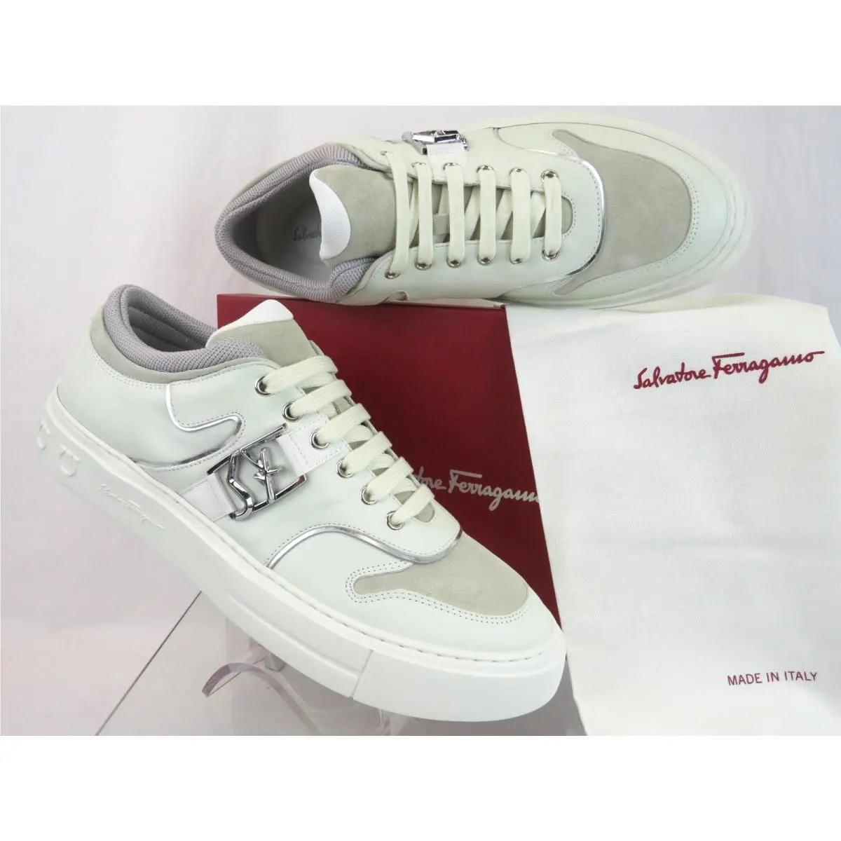 Ferragamo Noris White Leather Gancini Suede SF Logo Sneakers 11 M Italy