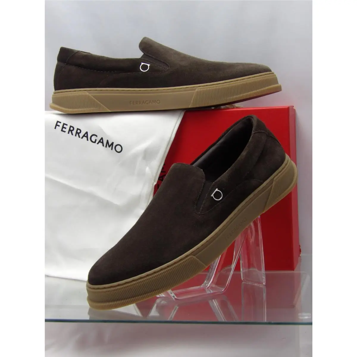 Ferragamo Cameron Brown Suede Gancini Logo Loafers 11.5 Italy