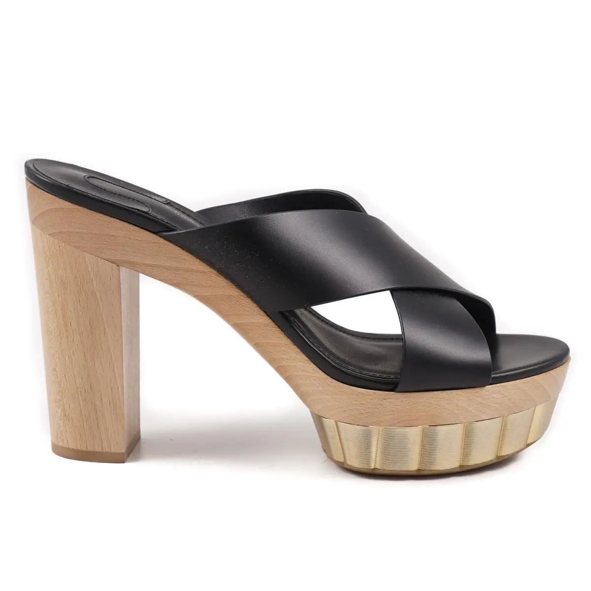 Salvatore Ferragamo `agira` Black Leather and Wood Slide Sandals 8.5 B
