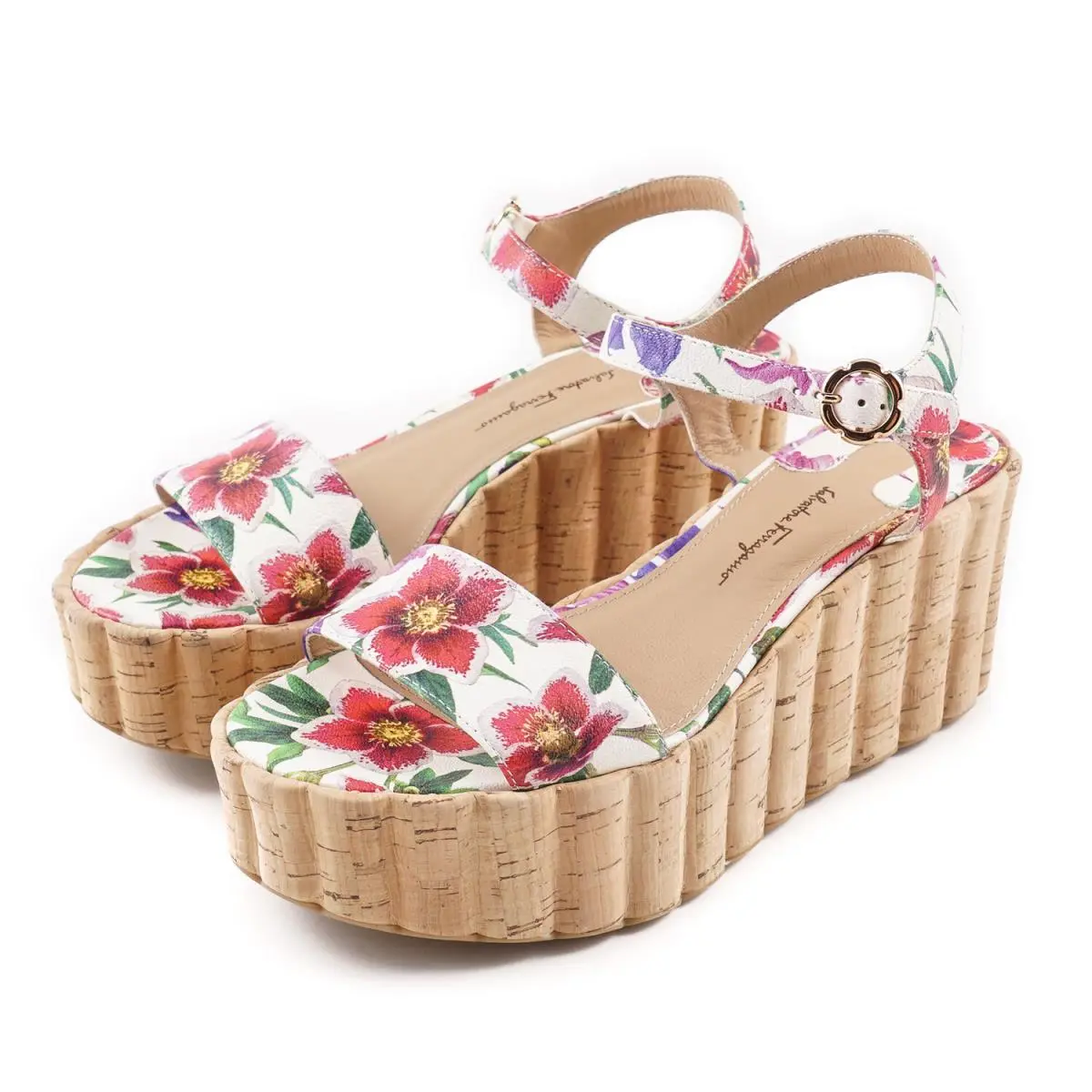 Salvatore Ferragamo `tropea` Floral Leather Wedge Sandals 9.5 B Shoes
