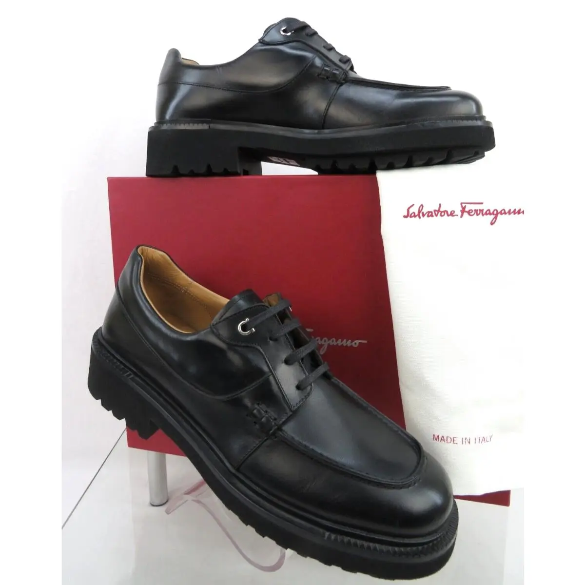 Ferragamo Gorin Black Leather Gancini Logo Platform Derby Oxfords 9.5 M