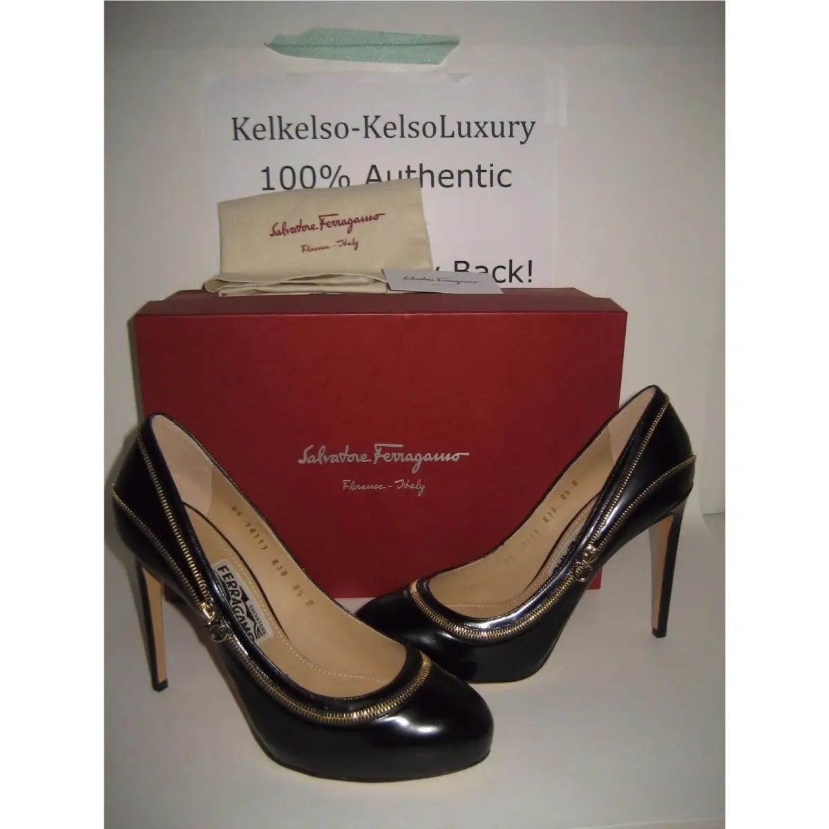 Salvatore Ferragamo US 8.5 Rory Gold Zipper Black Leather Heels Pumps Shoes