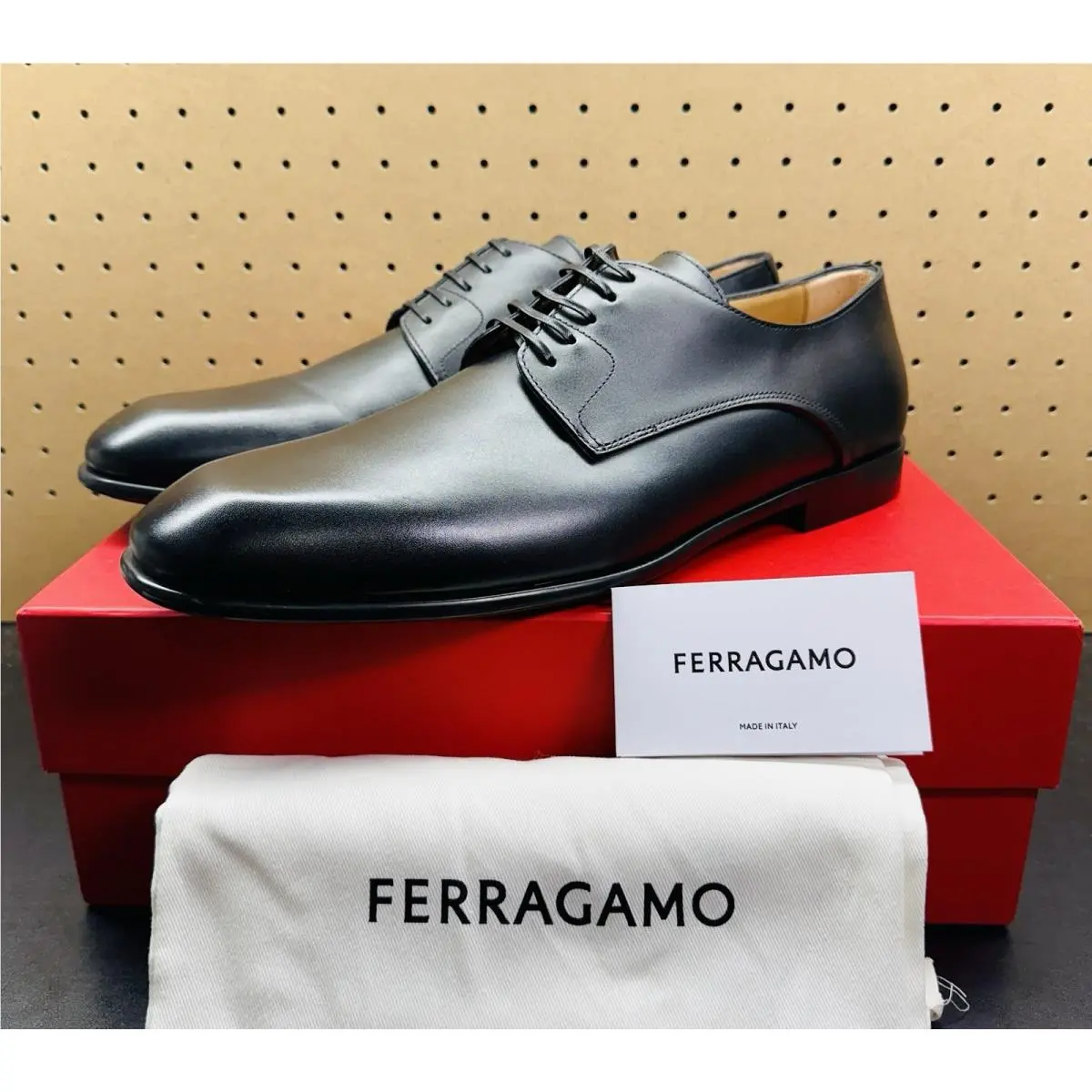Salvatore Ferragamo Black Fosco Plain Toe Calfskin Derby Mens 12 E
