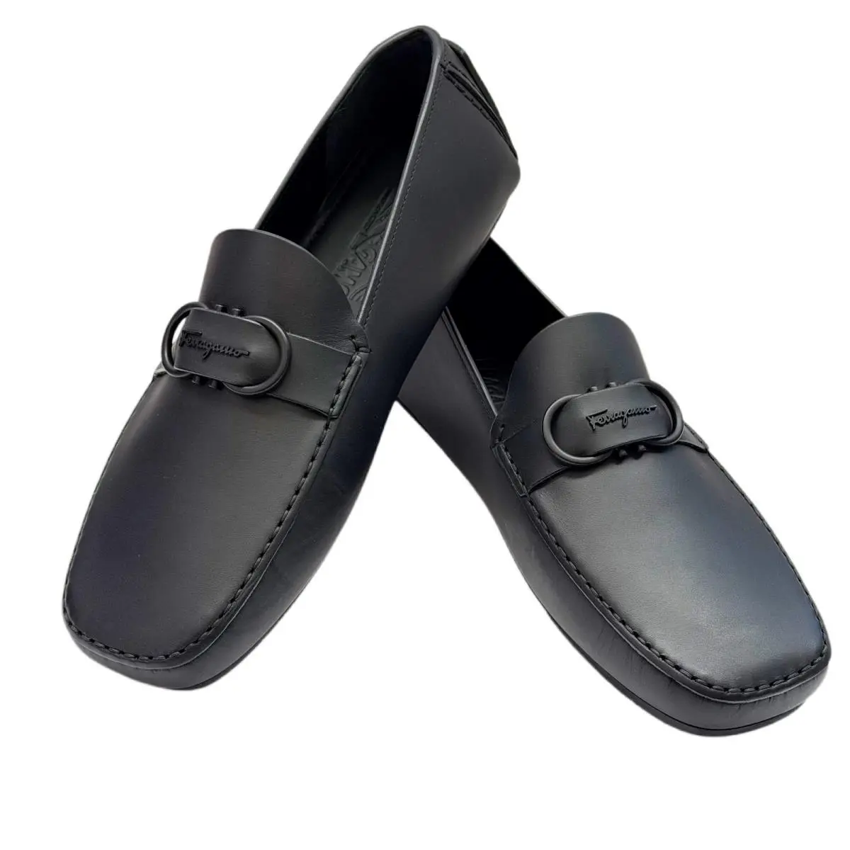 Ferragamo Loafers 9.5 Eee Palinuro Gancini Calf Black Leather Men`s Moccas